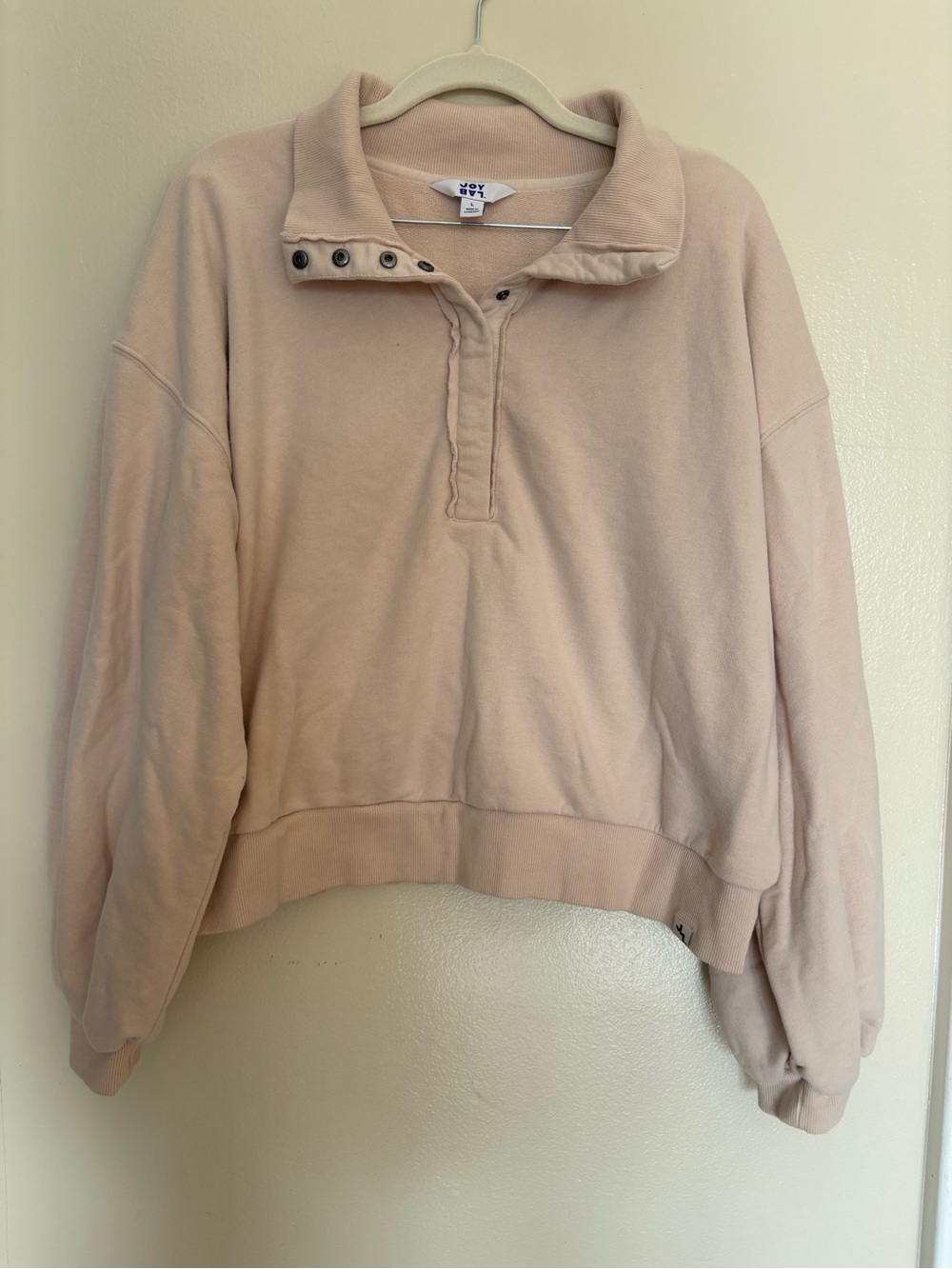 JoyLab Snap-Front Cream Pullover Sweatshirt with Balloon Cuffed Sleeves